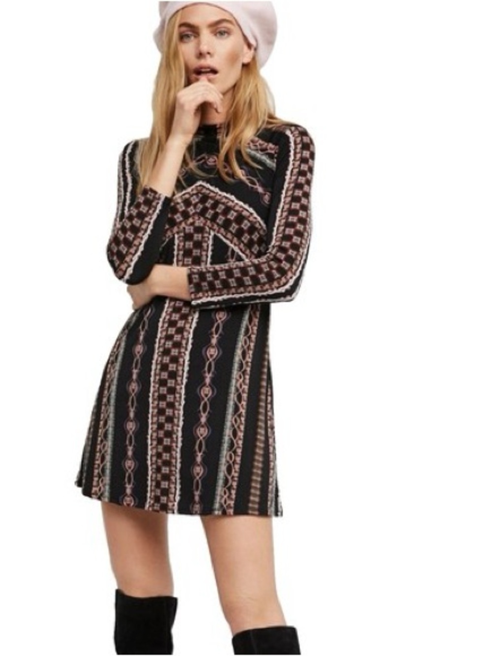 Free People Stella Print Long Sleeve Dress Back Zipper Large Stretch Black Mauve